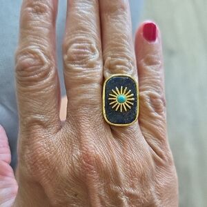 Gold Tone and Turquoise Sunburst Ring